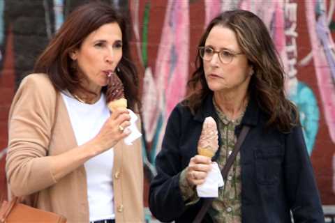 Julia Louis-Dreyfus & Michaela Watkins eat ice cream cones while filming “Beth & Don” in NYC